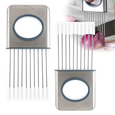 Imagem de 2 peças de suporte de cebola para fatiar, suporte de cortador de cebola de aço inoxidável, ferramenta assistente de fatiamento de 10 pontas uniformes, seguro para lava-louças, suporte para fatiar