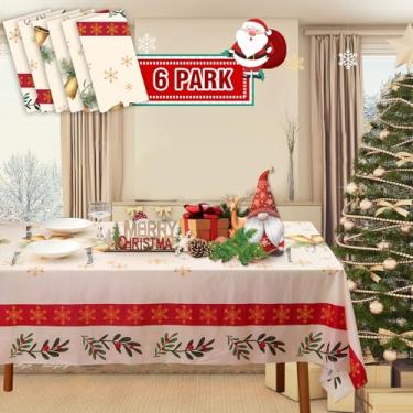 Imagem de Pacote com 6 toalhas de mesa de Natal, toalhas de mesa de plástico descartáveis para mesa retangular, decoração de artigos de festa de Natal, floco de neve, capa de mesa de Natal para jantar