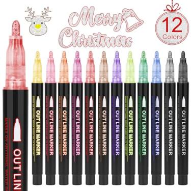 Imagem de OLINGYOU Marcadores de contorno, conjunto de marcadores brilhantes de 12 cores, autocontorno metálico para arte, desenho, rabisco, confecção de cartões, cartões comemorativos, artesanato faça você