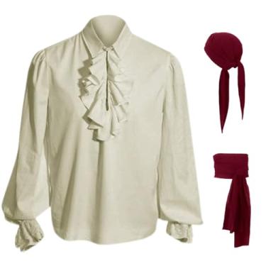 Imagem de SuitsLink 3pcs Men's Vampire Costume Set - Pirate Shirt Headband and Belt for Halloween Medieval Renaissance Themed Parties (beige, XX-Largearge)