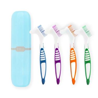 Imagem de Koceci 4 escovas de limpeza de dentadura e 1 estojo de armazenamento, escova de dentes portátil, escova retentora com escova de dentes dupla face (4 cores e azul)