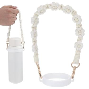 Imagem de Yuomeaz Alça de copo tecida feita à mão, suporte de alça de garrafa de água de flor branca com alças de transporte Stanley, suporte para garrafa de água com alça serve para a maioria dos copos de 227