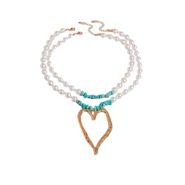 Imagem de Colar de pérolas de coração de camada dupla, colares de turquesa, irregulares, colorido, turquesa, vermelho, azul, para mulheres, presente de Natal, Middle, Turquesa, Sem Pedra Preciosa