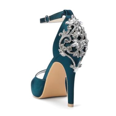 Imagem de Creativesugar Sandália feminina de cetim com salto alto plataforma de cristal nas costas com brincos grátis, Azul-petróleo, 40