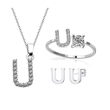 Imagem de Loqimu Pacote com 3 conjuntos de joias iniciais anéis, colar com pingente maiúsculo, brincos, brincos e acessórios femininos, U, Cobre, Zircônia cúbica