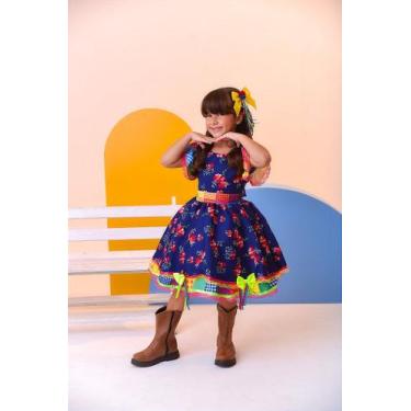 Imagem de Fantasia Infantil Luxo Junino Arraiá Azul Florido Colorido - Vestido p