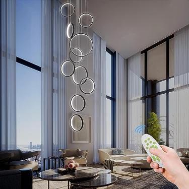 Imagem de Iluminação de lustre de LED moderno, regulável com controle remoto, luz pendente preta, altura ajustável, luminária de teto suspensa, para escada, hall, teto alto, sala de estar