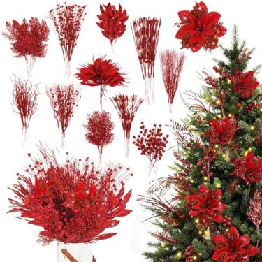 Imagem de Yerliker 108 palhetas e sprays de Natal com glitter vermelho, decoração de árvore de Natal artificial, ramos de cedro falso, flores, caules para centro de mesa, guirlanda, vaso faça você mesmo
