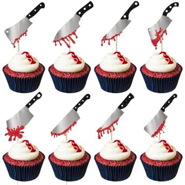 Imagem de Rsstarxi 24 Pack Halloween Blood Knife Cupcake Toppers Glitter Blood Knife Cupcake Picks Blood Splatter Knife Cake Decorations for Horror Crime Scene Halloween Birthday Party Cake Decorations Supplies