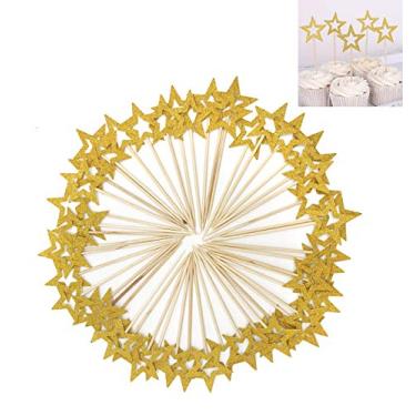 Imagem de 50 Pcs Gold Star Cupcake Toppers,Star Cupcake Toppers Twinkle Little Star Decorations Birthday Cupcake Toppers Glitter Star Cake Decorations for Party Birthday Wedding Ceremony (Gold)