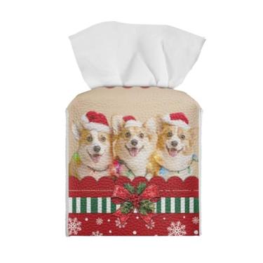 Imagem de Tutolipy Suporte de caixa de lenços de papel de Natal, quadrado, fofo, capa de caixa de lenços de tecido, cubo de couro PU, suporte de guardanapo facial com cinto inferior para banheiro, mesa de