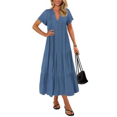 Imagem de Vestido de verão KIRUNDO 2025 com decote em V, manga curta, botão, azu