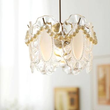 Imagem de YQSLQZZ Lustre de vidro para quadra francesa, luzes de teto decorativas de cabeceira de pérola branca, luminária pendente vintage para sala de jantar, ilha de cozinha, luminária pendente vintage
