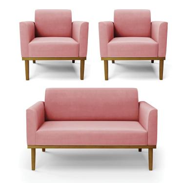 Imagem de Conjunto 2 Poltronas e 1 Namoradeira Decorativa Isabella Pés Fixo em Madeira Castanho Suede Rose G19 - Gran Belo