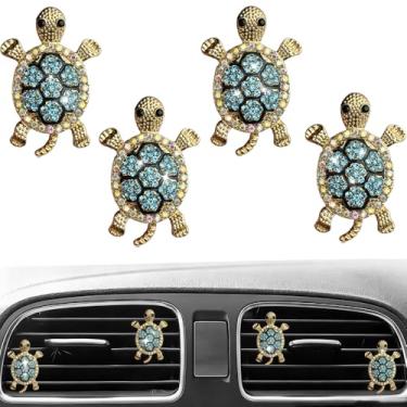 Imagem de 4 peças de cristal brilhante tartaruga tartaruga clipe de saída de ar purificadores de ar difusor encantadores fofos decoração interior auto acessórios de carro para mulheres (azul)