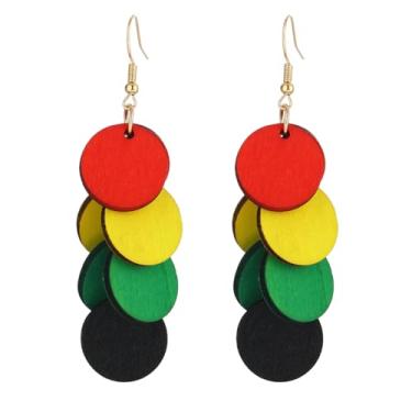 Imagem de Brincos redondos de madeira boêmios, design de disco geométrico, estilo de gancho de corrente longa para mulheres, One size, Madeira, Sem pedra preciosa