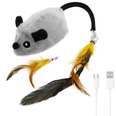 Imagem de Brinquedos interativos para gatos mouse em movimento para gatos em ambientes internos cauda de sino de penas de LED realista para gatos brinquedo de rato versátil recarregável LED (cinza)