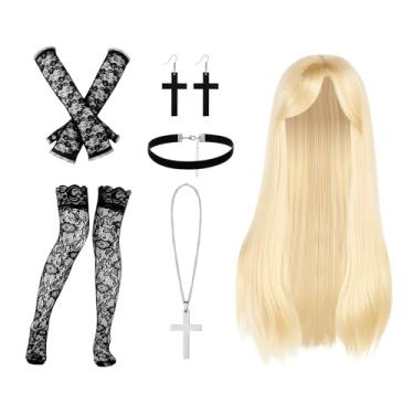 Imagem de Coume 6 peças de fantasia de cosplay para mulheres, peruca loira, meia luvas, colar cruzado, brinco, gargantilha preta para o Dia das Bruxas