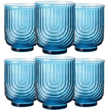 Imagem de JOVGANK Conjunto de vidro vintage azul de 170 a 400 ml, copo de água azul, vidro alto Art Deco Ripple, copos de coquetel de uísque, para bebidas de bar, suco de café gelado, presentes de inauguração