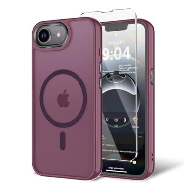 Imagem de BPOASE Capa para iPhone 16E com protetor de tela, [compatível com Magsafe] Capa de telefone ultrafina translúcida fosca à prova de choque - vermelho vinho