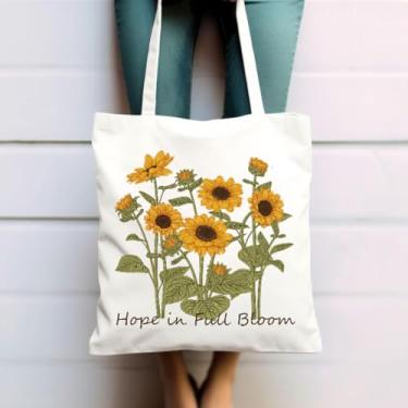 Imagem de Hope in Full Bloom - Sacola de lona floral de girassol para mulheres, bolsa de ombro reutilizável, para compras, viagens, trabalho