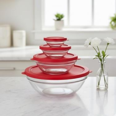Imagem de Conjunto de 5 Potes de Vidro com Tampa Vermelha, Redondos, Tamanhos 135ml a 1000ml, Empilháveis, para Armazenamento de Alimentos