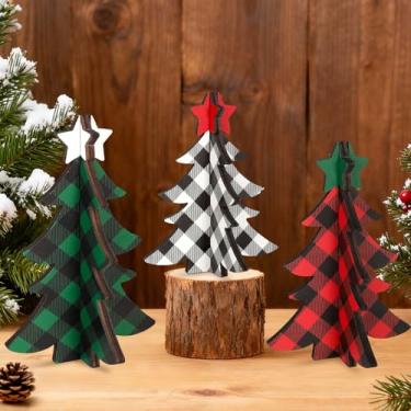 Imagem de 3 peças de decoração de mesa de árvores de Natal de madeira rústicas para mesas de centro de mesa de Natal para bandeja em camadas, decoração de casa de fazenda de inverno