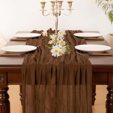 Imagem de Caminho de mesa de gaze marrom, corredor de mesa de gaze rústica Boho de 300 cm para outono, Ação de Graças, casamento, festa, chá de bebê, aniversário, decorações de casa e férias