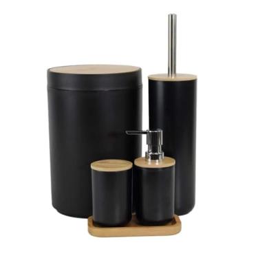 Imagem de Conjunto de banheiro bambu tampa lata de lixo semi inclinado(KIT BANHEIRO 5 PEÇAS PRETO)