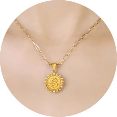 Imagem de Colar com inicial para mulheres, colar com pingente de letra, corrente de clipe de papel, joia de monograma, moeda do alfabeto, pronto em camadas, 14+2in, Aço inoxidável, Sem Pedra Preciosa