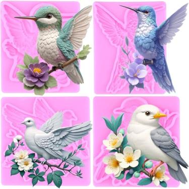 Imagem de MIYAHOUSE Molde de silicone para fondant de pássaro para decoração de bolos, topo de cupcake, pasta de goma de chocolate, argila de polímero, conjunto de 4