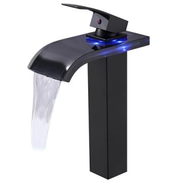 Imagem de Qeemee Torneira de vaso de banheiro LED, torneira de pia de banheiro em cascata, bico de vidro que muda de 3 cores com mangueira de abastecimento de água, alça única de um orifício para pia de