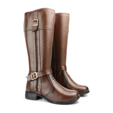 Imagem de Bota Feminina Cano Alto em Couro ecológico Marrom, Casual com Fivelas Douradas e Matelassê, Salto 3cm, Zíper Lateral (Padrão, BR, Adulto, Numérico, 37)