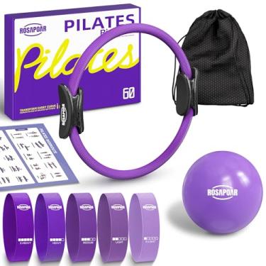 Imagem de ROSAPOAR Conjunto de anéis de Pilates - Círculo mágico de 35,5 cm com bola de ioga e 5 faixas de resistência - Equipamento de treino doméstico para mulheres, kit de tonificação e escultura essencial