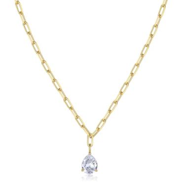 Imagem de Aurelia Mae Colar de gota de zircônia cúbica de 3 quilates | Corrente de clipe de papel dourado com pingente de zircônia cúbica em forma de pera | Colar de formatura CZ (45,7 cm a 50,8 cm), Latão