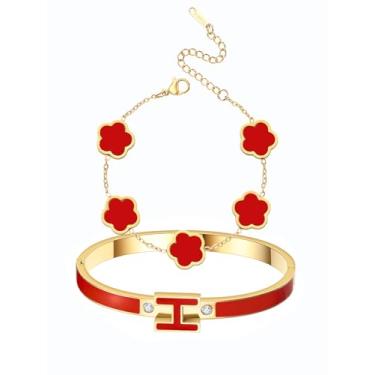 Imagem de fekang Pulseira feminina H e trevo - Joias modernas de aço inoxidável - Pulseira H banhada a ouro 18 K e pulseira de trevo de cinco folhas da sorte - Conjunto de pulseiras elegantes - Presente para