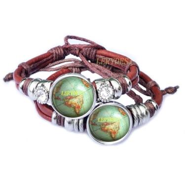 Imagem de LERYDESI Pulseira de couro Globo Verde Planeta Terra Mapa do Mundo Pingente Arte Pingente Mapa Mundi Joias de Cristal Azul Contas de Cristal Preto Marrom Escuro Couro para Estudantes Mulheres Homem