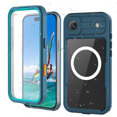 Imagem de Kfifsiso Caixa magnética para iPhone 17 Air com protetor de lente de câmera de tela embutida, tampa de telefone protetora de corpo inteiro, natação de snorkeling subaquático, azul ciano