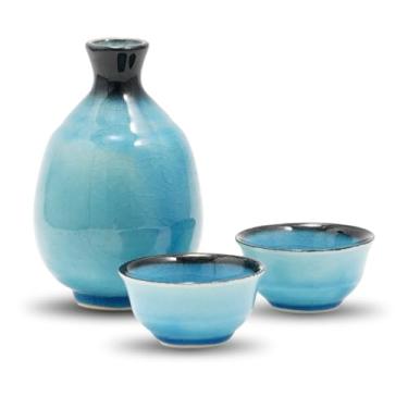 Imagem de COTONOHA Conjunto de saquê Mino Ware feito à mão com esmalte crackle turco – Tokkuri de cerâmica de 325 ml e copos para saquê quente e frio, presente de cerâmica japonesa durável e decoração de casa