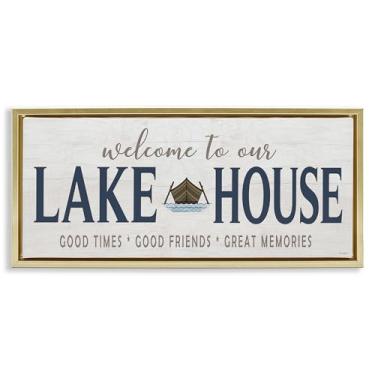 Imagem de Stupell Industries Great Memories Lake House Arte de parede em tela flutuante com moldura dourada, design da Seven Trees Design, 28 x 63 cm