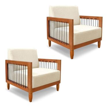 Imagem de Kit 2 Poltronas Decorativa Marilia Linho Base Em Madeira Castanho - Pallazio Cor Bege