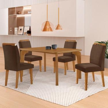 Imagem de Mesa Liz 120 Mdf Canto Copo E Com 4 Cadeiras Athenas Veludo Marrom/naturalle/naturalle