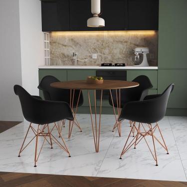 Imagem de Mesa Jantar Redonda 110Cm Amêndoa Clips 3 Pés Com 4 Poltronas Pretas Base Cobre Marrom