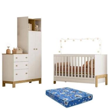 Imagem de Berço Americano Mini Cama 4300 Fantasia E Guarda Roupa Com Cômoda 4970 Q Encanto Slim Branco Acetinado Com Colchão