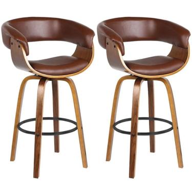 Imagem de Kit 2 Banquetas Giratória Alta Com Encosto Base Madeira Ravi R02 Sintético Marrom - Mpozenato