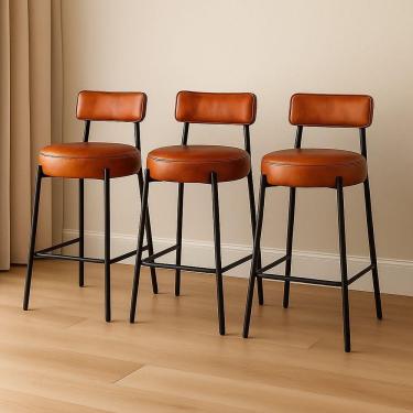 Imagem de Banqueta Cozinha Alta Com Encosto Industrial Preto Kit 3 Londres Pu D03 - D'rossi Nozes