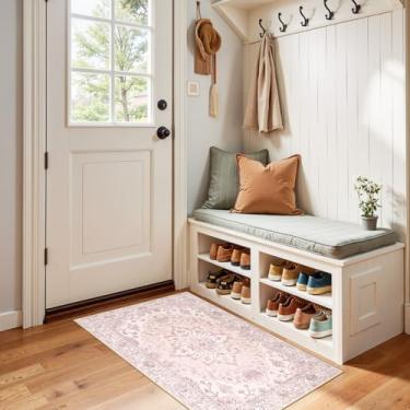 Imagem de RELEANY Tapetes de área de 6 x 10 cm, lavável, antiderrapante, estampa floral, vintage, tapete medalhão para sala de estar, quarto, sala de jantar, rosa, cinza, rosa fofo