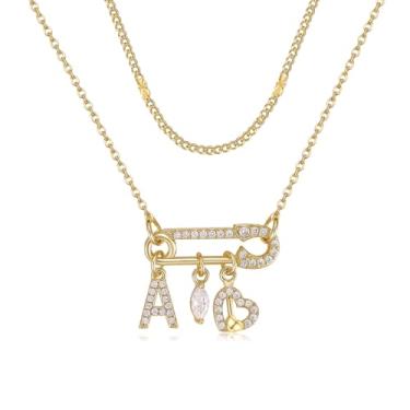 Imagem de MEIITRUE Colar feminino com inicial de alfinete de segurança, banhado a ouro 14 quilates, corrente em camadas, pingente de zircônia cúbica, gota e pingentes de coração, pingente de nome personalizado