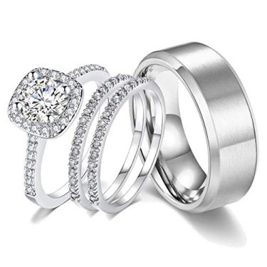Imagem de AHLOE JEWELRY Conjuntos de anéis de casamento de ouro branco 18 k para ele e ela mulheres homens alianças de aço inoxidável titânio 2 ct CZ anéis de casal Branco
