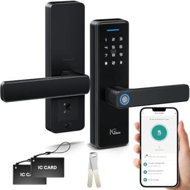 Imagem de NGTeco Fechadura de porta de teclado com alça, maçaneta de porta de impressão digital, fechadura inteligente para porta da frente, impressão digital de entrada sem chave, fechadura eletrônica com